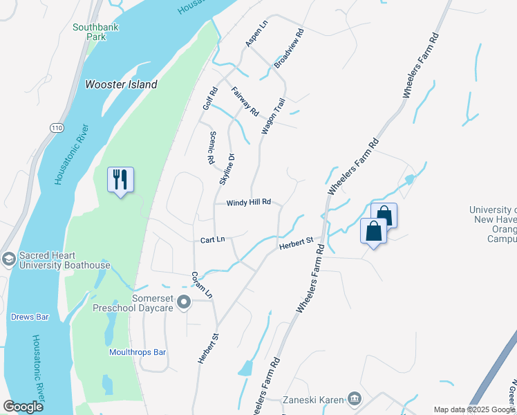 map of restaurants, bars, coffee shops, grocery stores, and more near 435 Windy Hill Road in Orange
