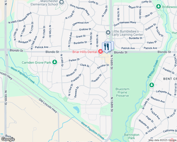 map of restaurants, bars, coffee shops, grocery stores, and more near 17105 Clark Street in Omaha