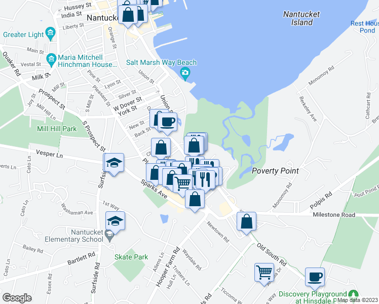 map of restaurants, bars, coffee shops, grocery stores, and more near 3 Spruce Street in Nantucket