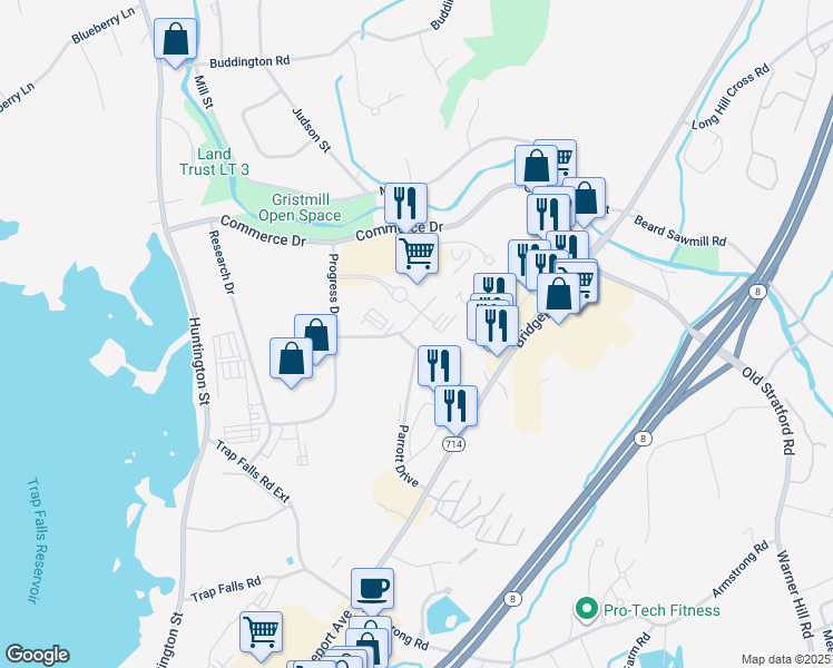 map of restaurants, bars, coffee shops, grocery stores, and more near 100 Parrott Drive in Shelton