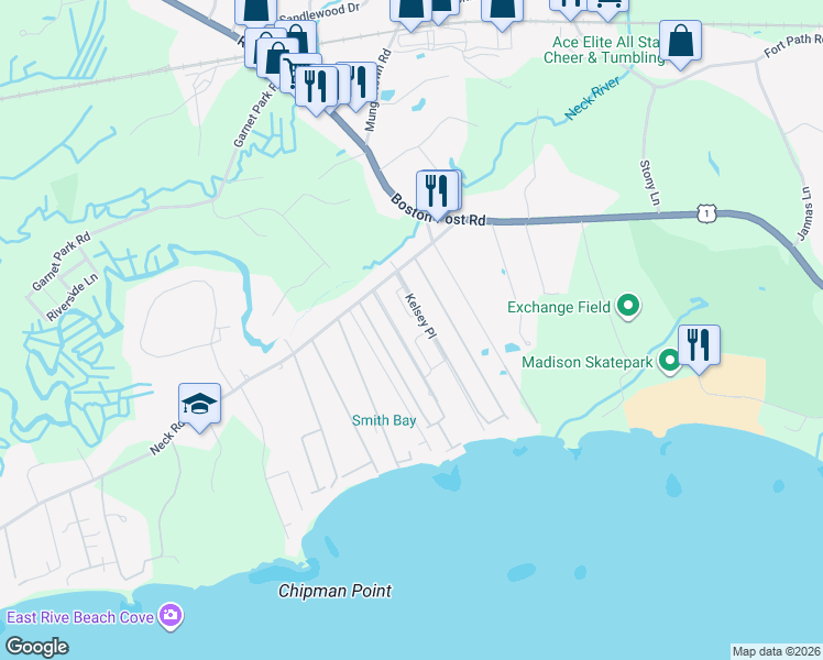 map of restaurants, bars, coffee shops, grocery stores, and more near 45 Overshore Drive West in Madison