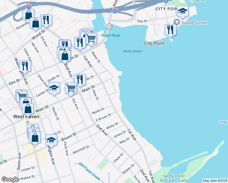 map of restaurants, bars, coffee shops, grocery stores, and more near 4 Bayview Place in West Haven
