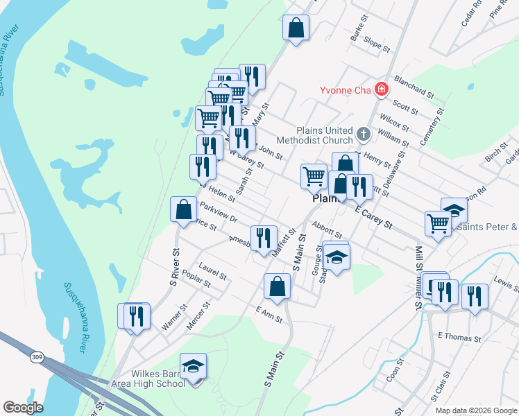 map of restaurants, bars, coffee shops, grocery stores, and more near 25 Mack St in Wilkes-Barre