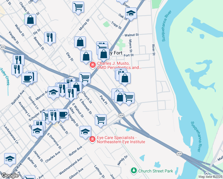 map of restaurants, bars, coffee shops, grocery stores, and more near 86 Virginia Terrace in Forty Fort