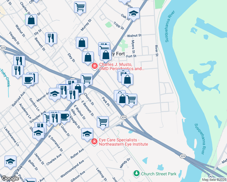 map of restaurants, bars, coffee shops, grocery stores, and more near 86 Virginia Terrace in Forty Fort