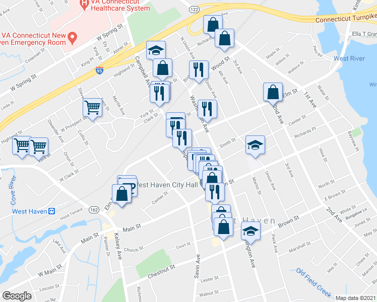 map of restaurants, bars, coffee shops, grocery stores, and more near 11 Ward Place in West Haven