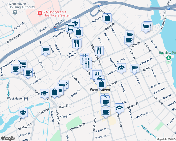 map of restaurants, bars, coffee shops, grocery stores, and more near in West Haven