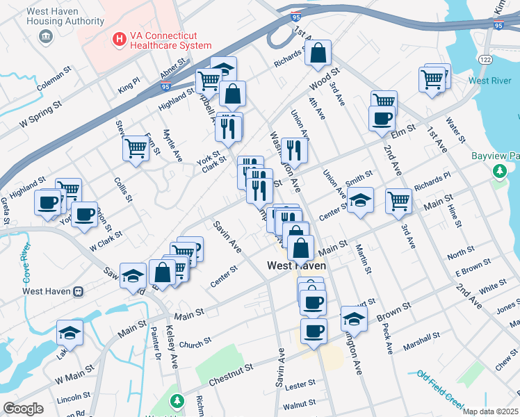 map of restaurants, bars, coffee shops, grocery stores, and more near in West Haven