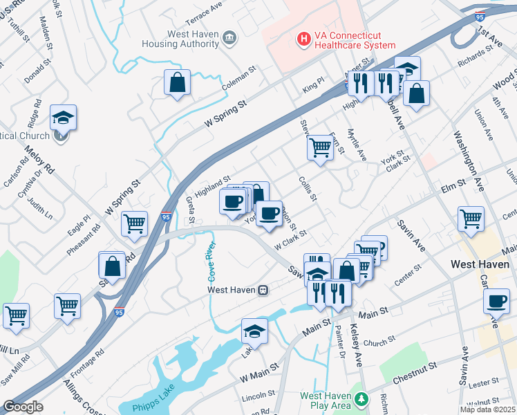 map of restaurants, bars, coffee shops, grocery stores, and more near 98 West Prospect Street in West Haven
