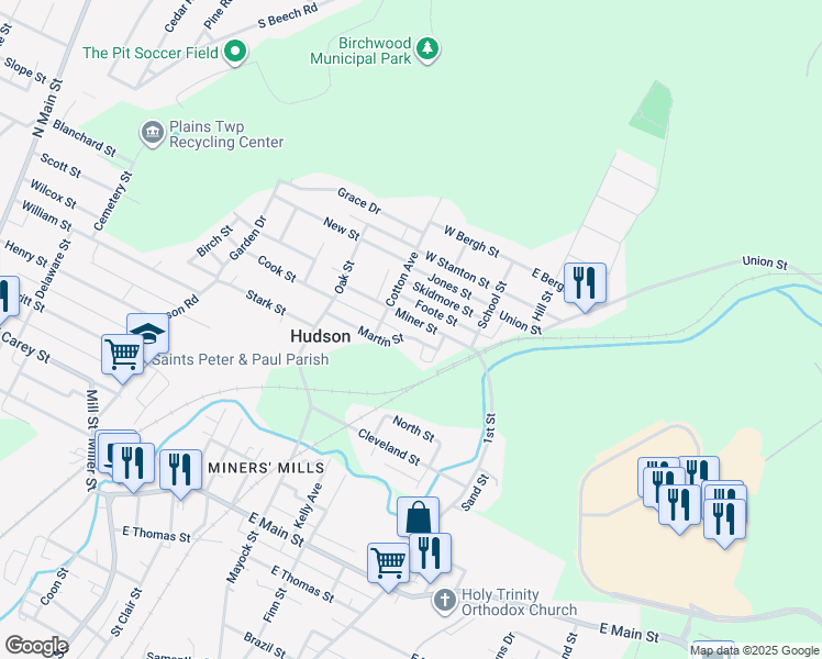 map of restaurants, bars, coffee shops, grocery stores, and more near 76-80 Miner St in Wilkes-Barre
