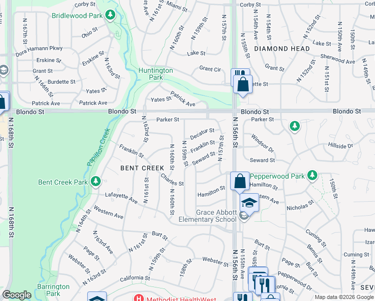 map of restaurants, bars, coffee shops, grocery stores, and more near 1729 North 159th Street in Omaha