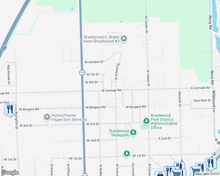 map of restaurants, bars, coffee shops, grocery stores, and more near 305 West 6th Street in Braidwood