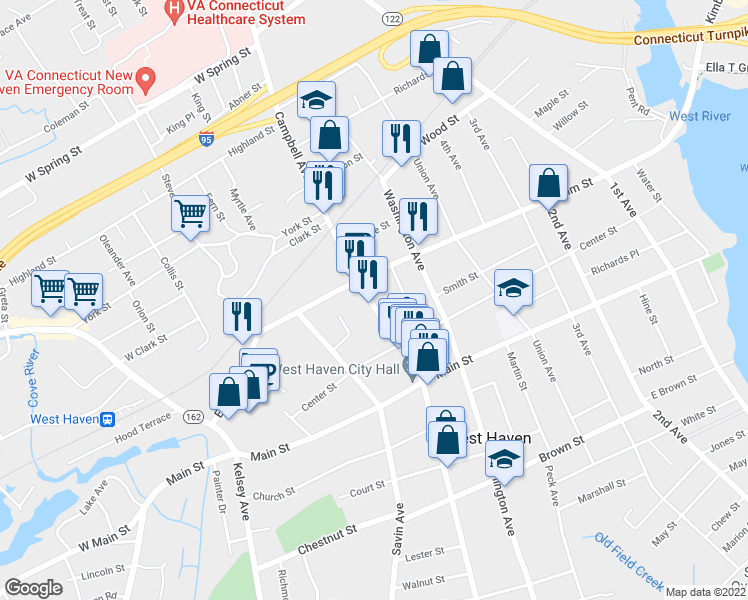 map of restaurants, bars, coffee shops, grocery stores, and more near 623 Campbell Avenue in West Haven