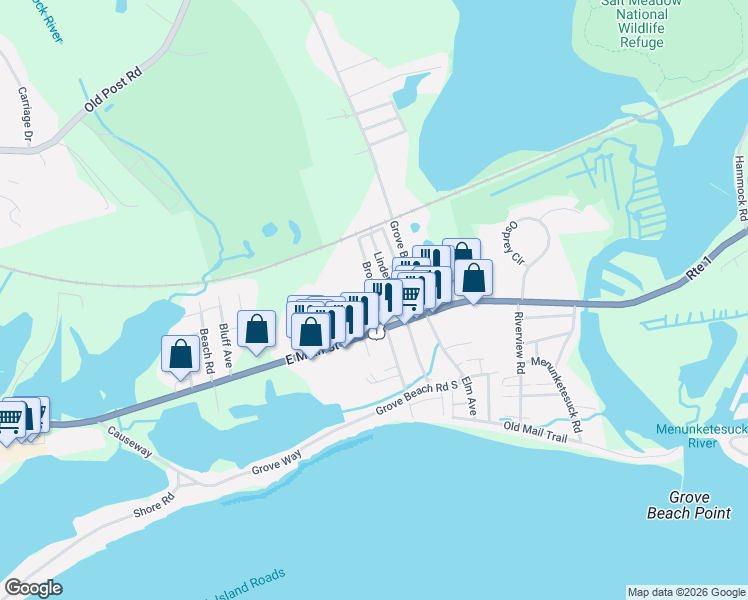 map of restaurants, bars, coffee shops, grocery stores, and more near 28 Broadway South in Westbrook