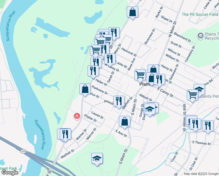 map of restaurants, bars, coffee shops, grocery stores, and more near 67 Helen Street in Wilkes-Barre
