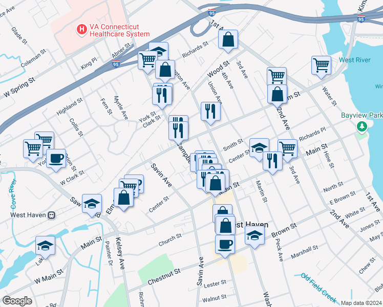 map of restaurants, bars, coffee shops, grocery stores, and more near 619 Campbell Avenue in West Haven