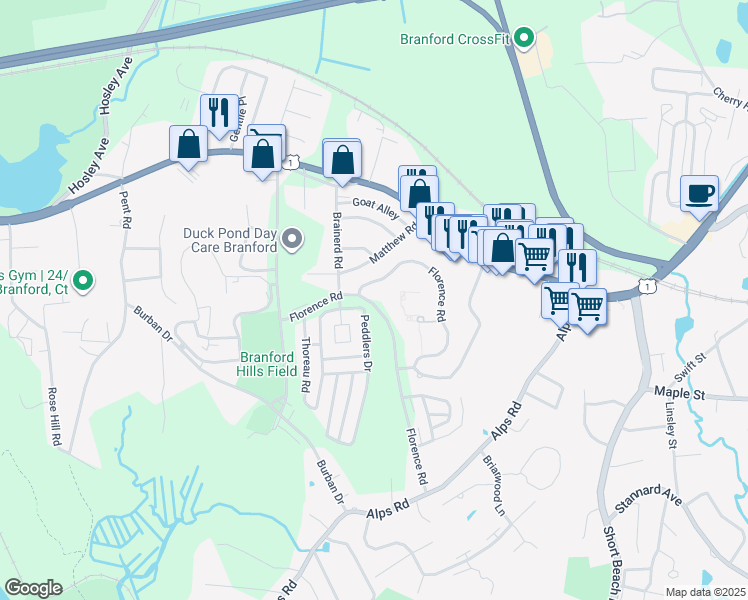 map of restaurants, bars, coffee shops, grocery stores, and more near 129 Florence Road in Branford