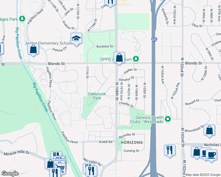 map of restaurants, bars, coffee shops, grocery stores, and more near 11011 Oakbrook Drive in Omaha
