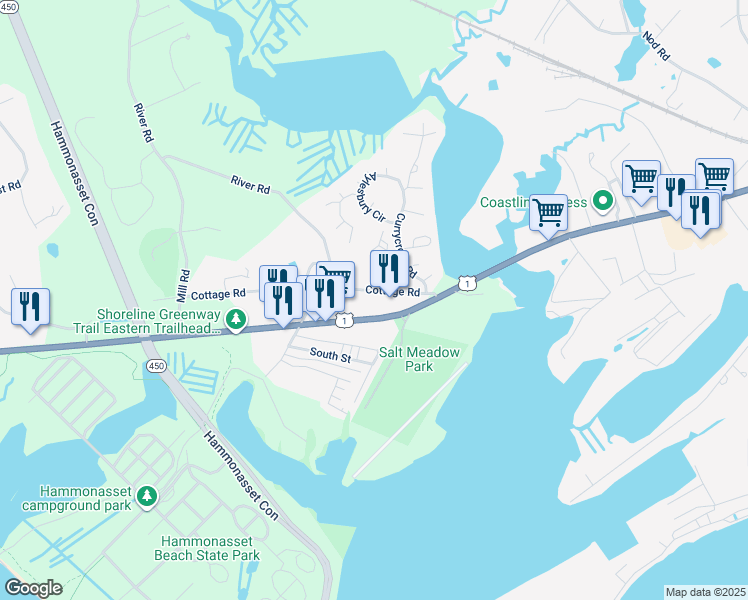 map of restaurants, bars, coffee shops, grocery stores, and more near 1343 Boston Post Road in Madison