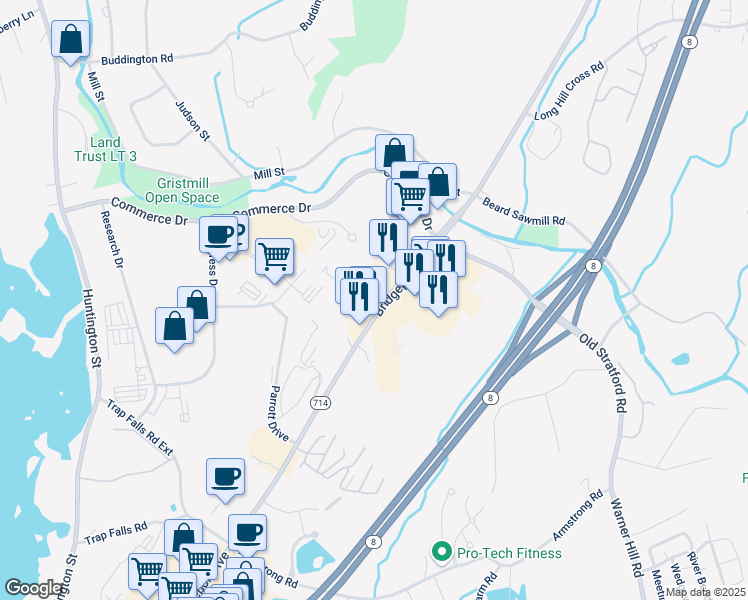 map of restaurants, bars, coffee shops, grocery stores, and more near 707 Bridgeport Avenue in Shelton