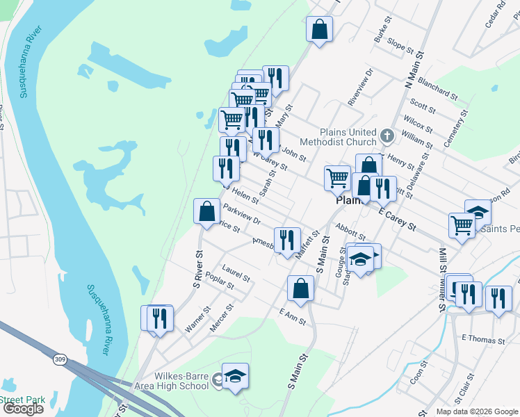 map of restaurants, bars, coffee shops, grocery stores, and more near 88-106 Helen Street in Wilkes-Barre