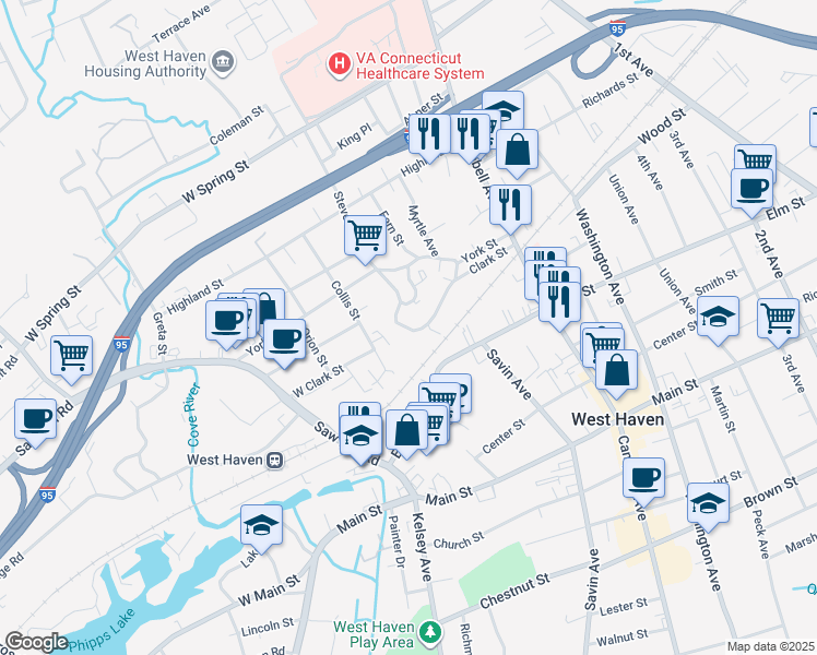 map of restaurants, bars, coffee shops, grocery stores, and more near 11 Ivy Circle in West Haven