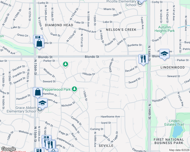 map of restaurants, bars, coffee shops, grocery stores, and more near 1862 North 150th Court in Omaha