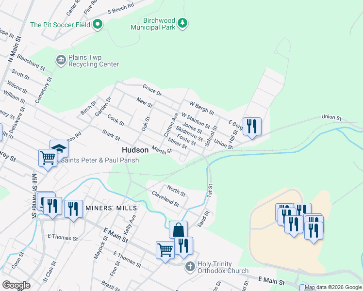 map of restaurants, bars, coffee shops, grocery stores, and more near 76-80 Miner St in Wilkes-Barre