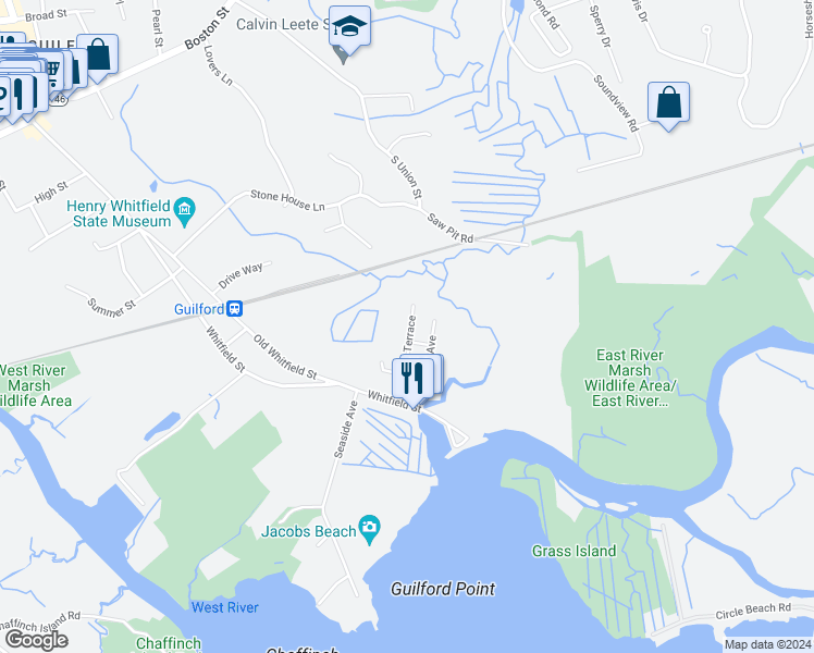 map of restaurants, bars, coffee shops, grocery stores, and more near 80 Seaview Terrace in Guilford