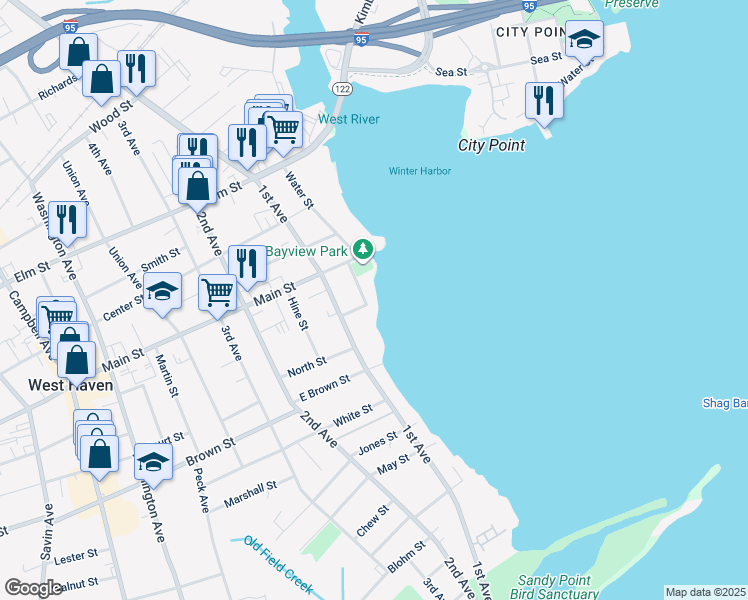 map of restaurants, bars, coffee shops, grocery stores, and more near 16 Bayview Place in West Haven