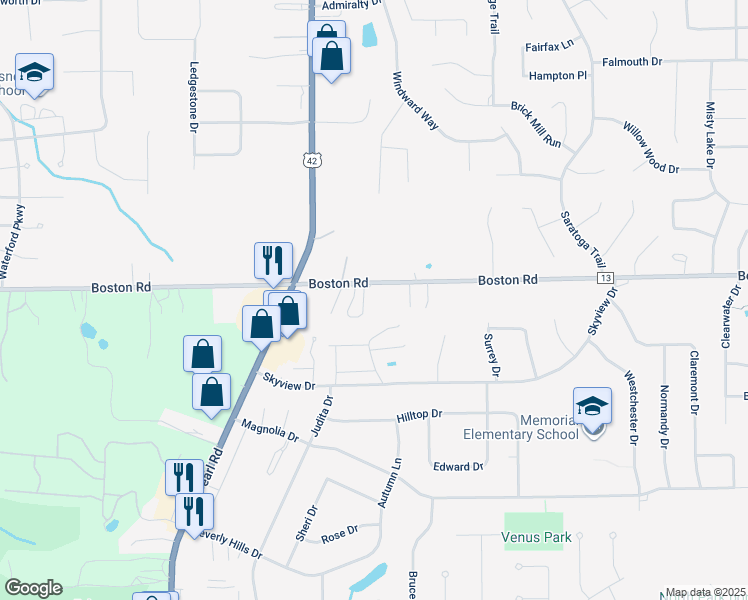 map of restaurants, bars, coffee shops, grocery stores, and more near 4068 Boston Road in Brunswick