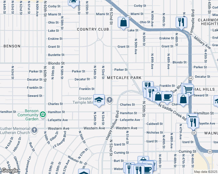 map of restaurants, bars, coffee shops, grocery stores, and more near 1708 North 52nd Street in Omaha