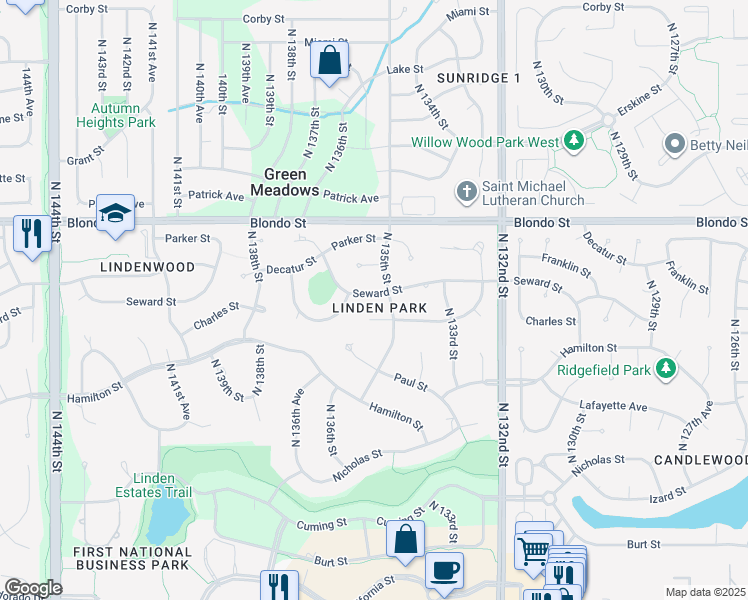 map of restaurants, bars, coffee shops, grocery stores, and more near 13426 Seward Street in Omaha