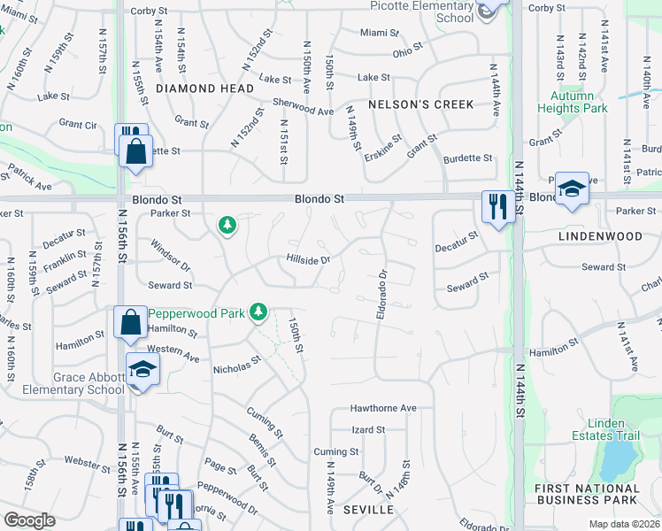 map of restaurants, bars, coffee shops, grocery stores, and more near 1862 North 150th Court in Omaha