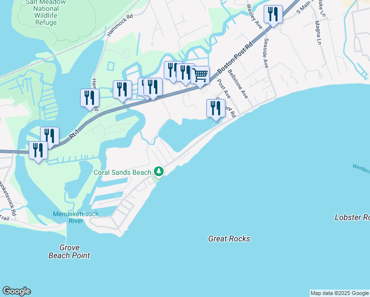 map of restaurants, bars, coffee shops, grocery stores, and more near 405 Seaside Avenue in Westbrook
