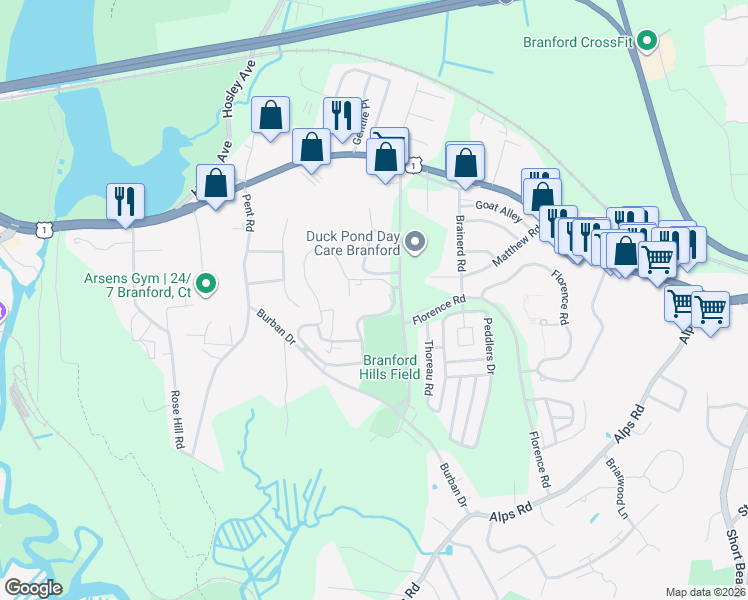 map of restaurants, bars, coffee shops, grocery stores, and more near 29 Jefferson Road in Branford