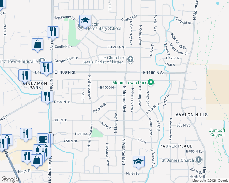 map of restaurants, bars, coffee shops, grocery stores, and more near 965 North Liberty Avenue in Ogden
