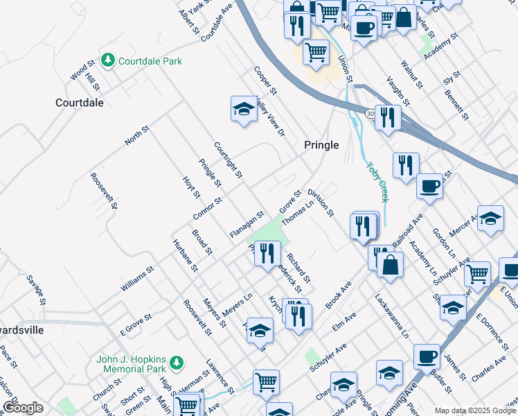 map of restaurants, bars, coffee shops, grocery stores, and more near 28 Courtright Street in Wilkes-Barre