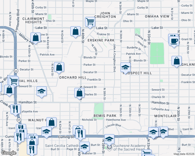 map of restaurants, bars, coffee shops, grocery stores, and more near 3827 Decatur Street in Omaha