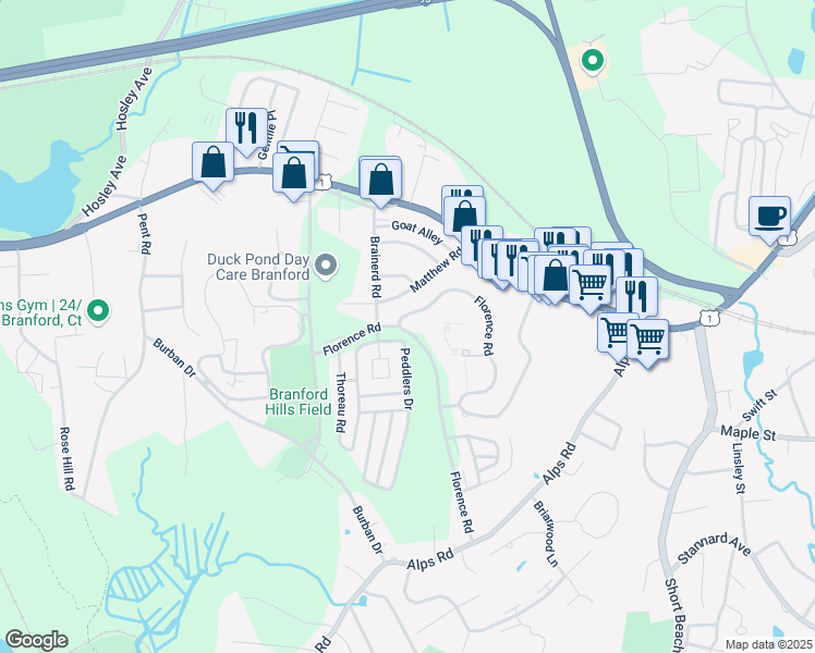 map of restaurants, bars, coffee shops, grocery stores, and more near 131 Florence Road in Branford