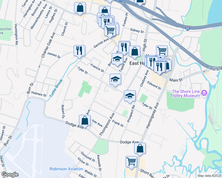 map of restaurants, bars, coffee shops, grocery stores, and more near 6 Taylor Avenue in East Haven