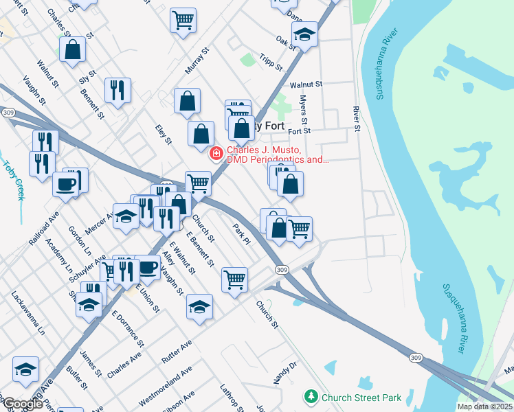 map of restaurants, bars, coffee shops, grocery stores, and more near 30-40 Virginia Terrace in Forty Fort