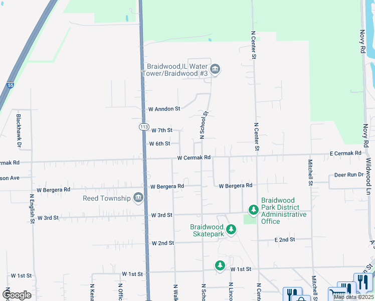 map of restaurants, bars, coffee shops, grocery stores, and more near 696 Erie Street in Braidwood