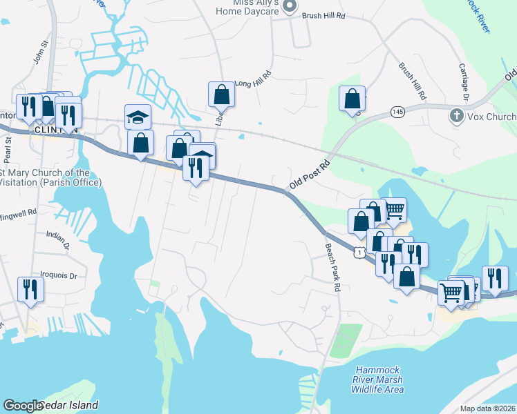 map of restaurants, bars, coffee shops, grocery stores, and more near 7 Stanton Road in Clinton