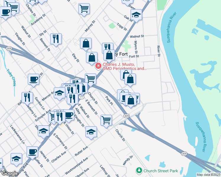map of restaurants, bars, coffee shops, grocery stores, and more near 59 Virginia Terrace in Forty Fort