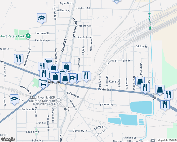 map of restaurants, bars, coffee shops, grocery stores, and more near 168 North Buckeye Street in Bellevue