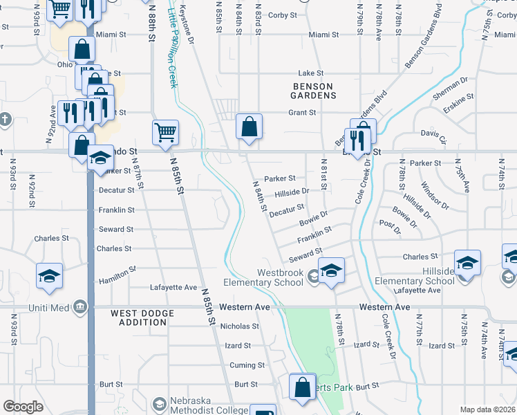 map of restaurants, bars, coffee shops, grocery stores, and more near 1813 North 84th Street in Omaha