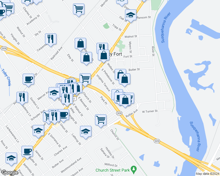 map of restaurants, bars, coffee shops, grocery stores, and more near 40 Virginia Terrace in Forty Fort