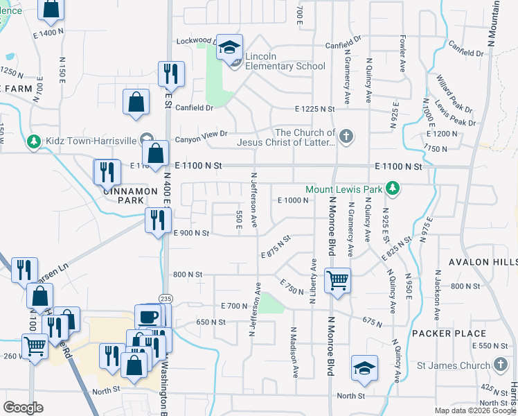 map of restaurants, bars, coffee shops, grocery stores, and more near 976 North Jefferson Avenue in Ogden