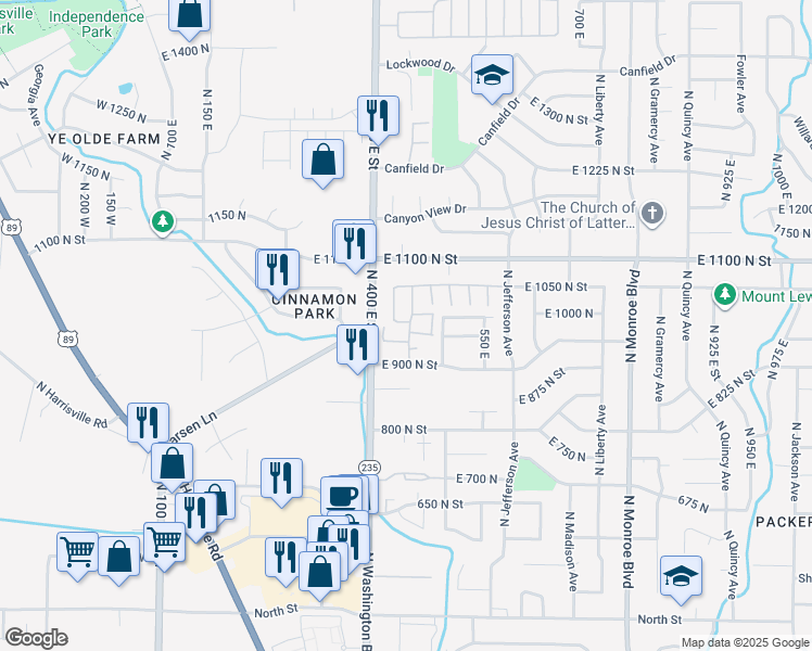 map of restaurants, bars, coffee shops, grocery stores, and more near 447 East 980 North Street in Ogden
